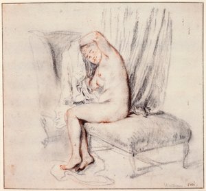Naakte vrouw zittend op een chaise longue, haar shirt aantrekkend, 18e eeuw
