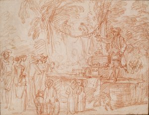 Kwaksalver die zijn waren verkoopt in de open lucht, ca. 1700-1720 door Jean Antoine Watteau