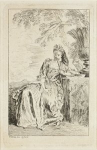 Zittende vrouw, leunend op een voetstuk door Jean Antoine Watteau