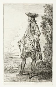 Staande man met hoed, naar links kijkend, uit Figures de Modes door Jean Antoine Watteau