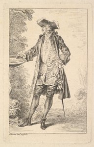 Staande man met zijn rechterhand rustend op een bassin, getoond in driekwart zicht, ca. 1710 door Jean Antoine Watteau