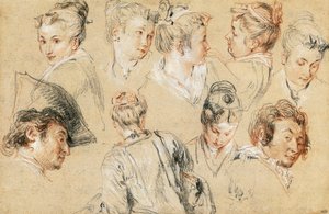 Studie van hoofden, door Jean-Antoine Watteau, tekening