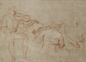 Studie van twee violisten en een paar handen, die een arm vasthouden door Jean Antoine Watteau