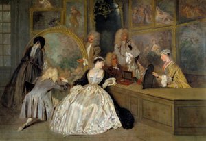 De keuze. Rechterdetail van het bord van Gersaint. Personages in een kunstwinkel die de werken kiezen die ze willen kopen. Edme Francois Gersaint (schilderij door Jean Antoine Watteau)