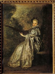 Het meisje Finette speelt een snaarinstrument. Schilderij door Jean Antoine Watteau (1684-1721) 18e eeuw