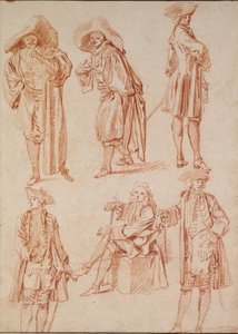 Twee studies van de dokter in de Italiaanse komedie en vier officieren, 18e eeuw door Jean Antoine Watteau