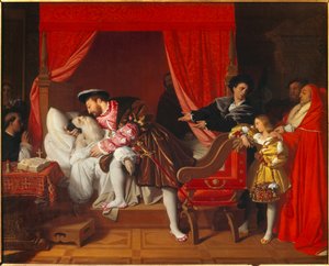 De koning van Frankrijk Francois I (1492-1547) ontvangt de laatste zuchten van Leonard de Vinci in Clos Lucé door Jean Auguste Dominique Ingres