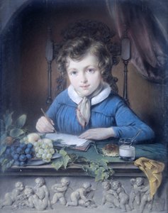 Portret van een jongen, zittend in een raamnis en gekleed in een blauw jasje door Jean Augustin Daiwaille (attributed to)