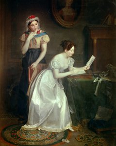 Het antwoord op de brief Een jonge vrouw haast zich om de brief van haar geliefde te beantwoorden door Jean Augustin Franquelin