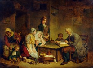 Een vader leest een bijbel voor aan zijn gezin door Jean Baptiste (after) Greuze