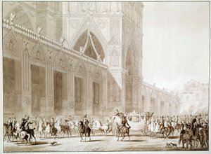 De aankomst per koets van Keizer Napoleon I en Keizerin Josephine de Beauharnais bij de Kathedraal Notre Dame de Paris op de dag van de Heilige door Jean Baptiste (after) Isabey