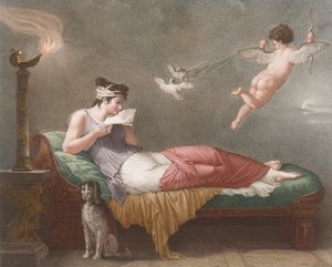 Cupido bezorgt een liefdesbrief door Jean Baptiste (after) Mallet