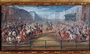 Het pompeuze carrousel van de galante amazones van de vier delen van de wereld gegeven door Lodewijk XIV voor de Tuilerieën op 5 juni
