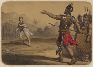 Goliath daagt David uit door Jean Baptiste Auguste Leloir