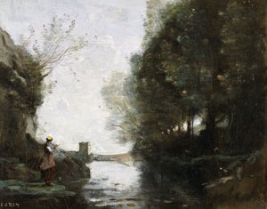 Een Rivier met een Vierkante Toren en een Boer op de Voorgrond door Jean Baptiste Camille Corot