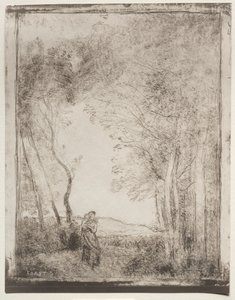 Een jonge moeder bij de ingang van een bos, originele indruk 1856, gedrukt in 1921 door Jean Baptiste Camille Corot