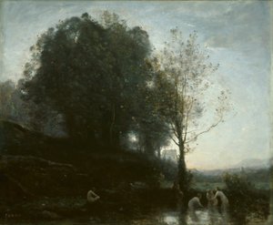 Badende nimfen en kind door Jean Baptiste Camille Corot