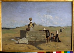 Bretons bij de fontein, dorp Batz door Jean Baptiste Camille Corot