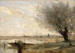 Visser aangemeerd aan een oever door Jean Baptiste Camille Corot
