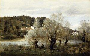 Visser aan de rand van een vijver in het dorp Avary door Jean Baptiste Camille Corot