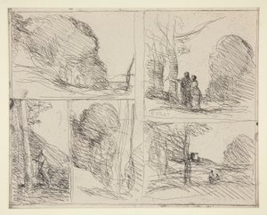 Vijf Schetsen: 1. Le Jardin de Périclès (De Tuin van Pericles) 2. L door Jean Baptiste Camille Corot
