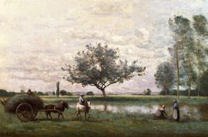Hooikar naast een rivier door Jean Baptiste Camille Corot
