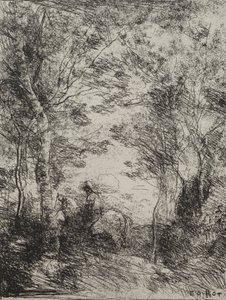 Ruiter in het bos, originele indruk 1854, gedrukt in 1921 door Jean Baptiste Camille Corot