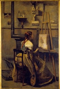 Het atelier van Camille Corot, jonge vrouw zittend voor een ezel