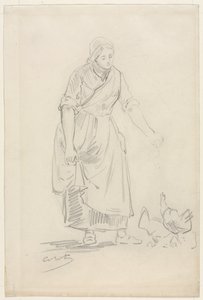 Boerenmeisje Voedt Kippen, 1800s
