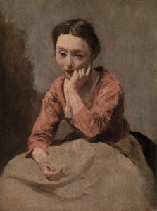 Peinzende jonge vrouw door Jean Baptiste Camille Corot
