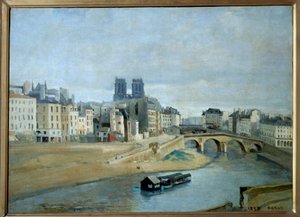 Quai des silvers en de Pont Saint Michel. Uitzicht op Parijs. Schilderij door Camille Corot (1796-1875)