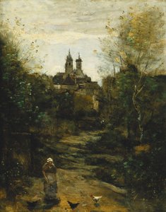 Semur, de weg naar de kerk, ca. 1855-1860 en 1872-1873 door Jean Baptiste Camille Corot