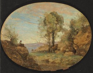 Herder die uitkijkt over een rotsachtige kloof, 1859 door Jean Baptiste Camille Corot