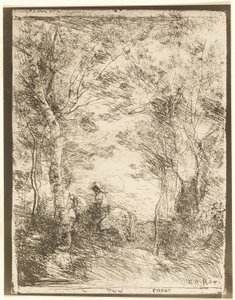 De ruiter in het bos, kleine plaat door Jean Baptiste Camille Corot