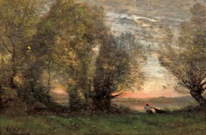 De visser, avond effect, ca 1860-1870 door Jean Baptiste Camille Corot