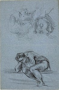 Zittende figuur met hoofd in handen en twee karikaturen (recto); Vier figuren in een lunet (verso) door Jean Baptiste Carpeaux