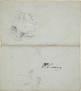 Schetsen van twee kinderen, boten op zee (recto); schetsen van stappend mannelijk figuur die staf vasthoudt en kustgezicht (verso) door Jean Baptiste Carpeaux