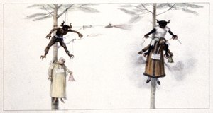 Brazilië: pop als beeltenis van Judas en Duivel verbrand op Stille Zaterdag, 1839 (gravure) door Jean Baptiste Debret