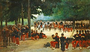 Infanterieregiment ontspant zich in het Bois de Boulogne tijdens een review, ca. 1885