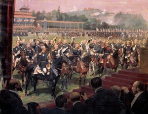De vlaggenparade in Longchamp door president Jules Grevy in aanwezigheid van Leon Gambetta op 14 juli door Jean Baptiste Edouard Detaille