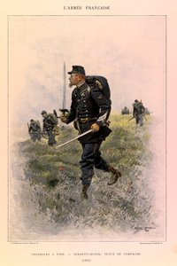 Types en uniformen van het Franse leger van kapitein Jules Richard, geïllustreerd door Edouard Detaille (1848-1912): Voetjagers: Sergeant-majoor in veldtenue in 1885, Privécollectie door Jean Baptiste Edouard Detaille