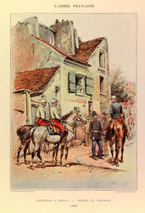 Typen en uniformen van het Franse leger van Kapitein Jules Richard, geïllustreerd door Edouard Detaille: Jagers te paard; Veldservice in 1886, Privécollectie door Jean Baptiste Edouard Detaille