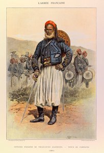 Typen en uniformen van het Franse leger van Kapitein Jules Richard, geïllustreerd door Edouard Detaille (1848-1912): Inheemse Officier van Algerijnse Tuniors in Veldkleding in 1886, Privécollectie door Jean Baptiste Edouard Detaille