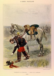 Typen en uniformen van het Franse leger van kapitein Jules Richard, geïllustreerd door Edouard Detaille: Trompetter van de Draken in velduniform in 1885, privécollectie