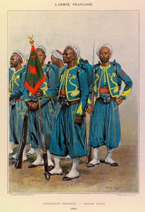 Typen en uniformen van het Franse leger van kapitein Jules Richard, geïllustreerd door Edouard Detaille (1848-1912): Inheemse Tirailleurs in grote uitrusting in 1886, Privécollectie door Jean Baptiste Edouard Detaille