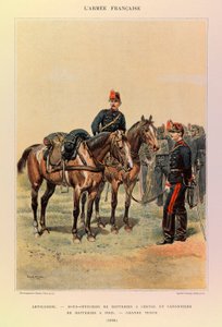 Typen en uniformen van het Franse leger van Kapitein Jules Richard, geïllustreerd door Edouard Detaille (1848-1912): Artillerie: Onderofficieren van batterijen te paard en kanonniers van batterij te voet in grote kledij in 1886, Privécollectie door Jean Baptiste Edouard Detaille