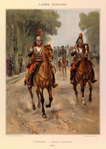 Typen en uniformen van het Franse leger van kapitein Jules Richard, geïllustreerd door Edouard Detaille (1848-1912): Cuirassiers: Escorte peloton in 1885