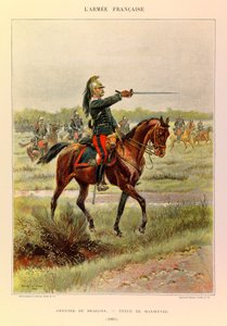Typen en uniformen van het Franse leger van Kapitein Jules Richard, geïllustreerd door Edouard Detaille (1848-1912): Officier van Draken in manoeuvrepak in 1885, Privécollectie door Jean Baptiste Edouard Detaille