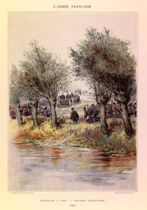 Typen en uniformen van het Franse leger van kapitein Jules Richard, geïllustreerd door Edouard Detaille: Voetjagers; de grote manoeuvres in 1885, privécollectie door Jean Baptiste Edouard Detaille