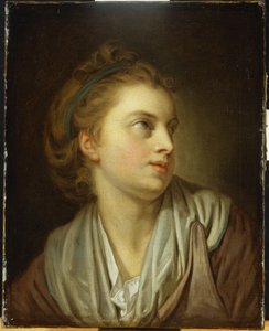 Een meisje, buste lengte, met een groene haarband, omhoog kijkend door Jean Baptiste Greuze